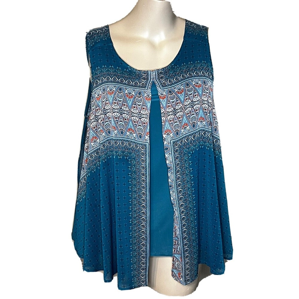C EST 1946 Womens Sleeveless Shift Blouse Top Teal Sheer Layer Plus Size 18/20W